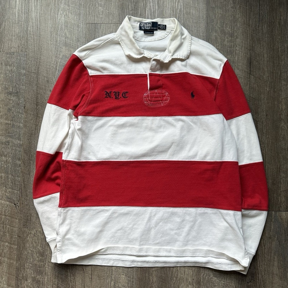 Vintage Polo Ralph Lauren Rugby Shirt L‎ White Red Long Sleeve Chief Keef RARE